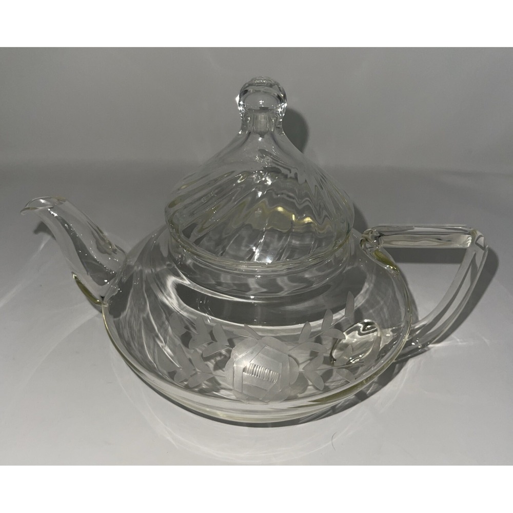 Vintage Clear Etched Glass Pyrex Tea Teapot Kettle Flower Leaves Etching